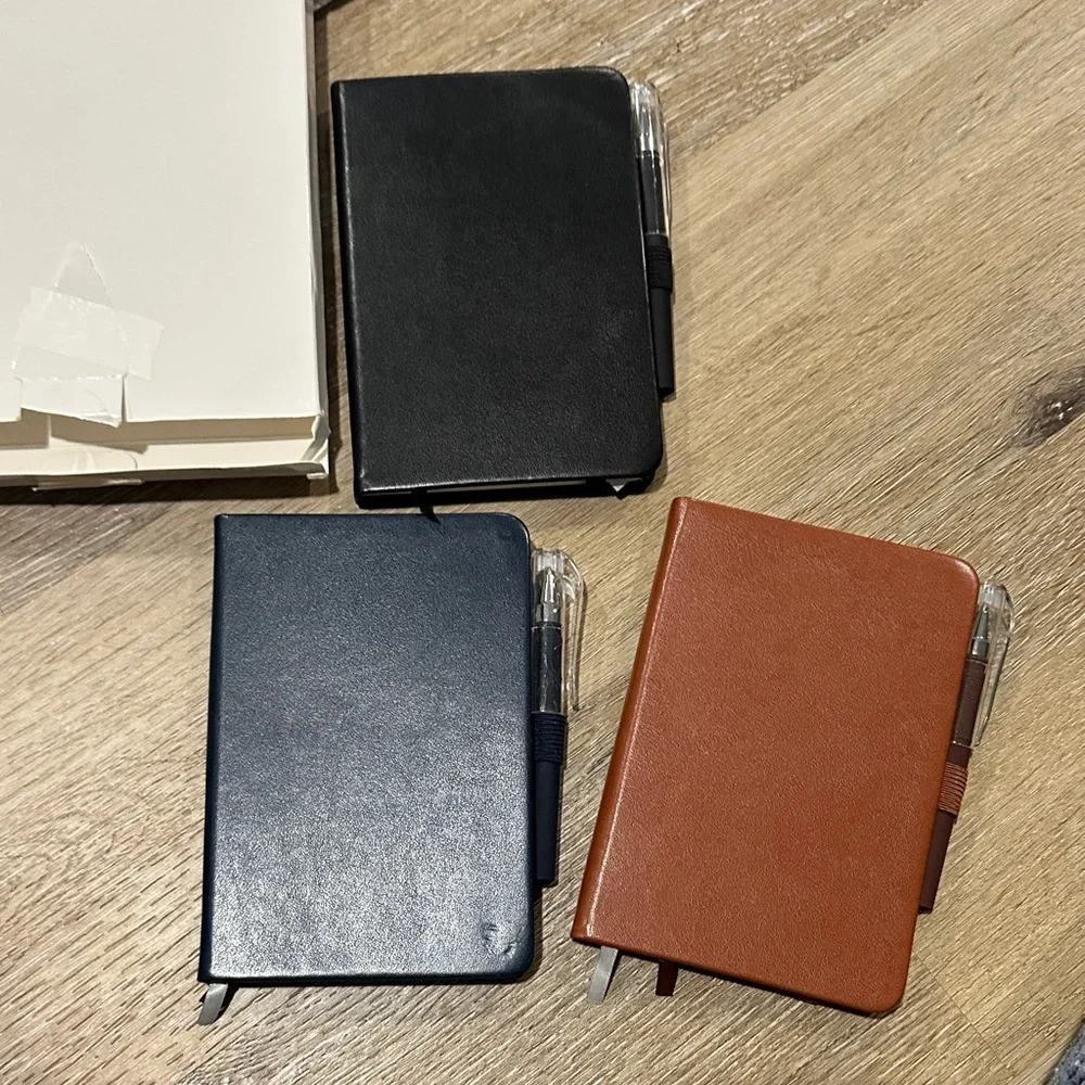Set of Three Leather Notebooks with Pens - brown black navy blue